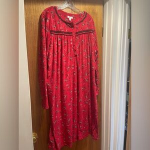 Secret Treasures Red Floral Button-Front Nightgown with Black Trim